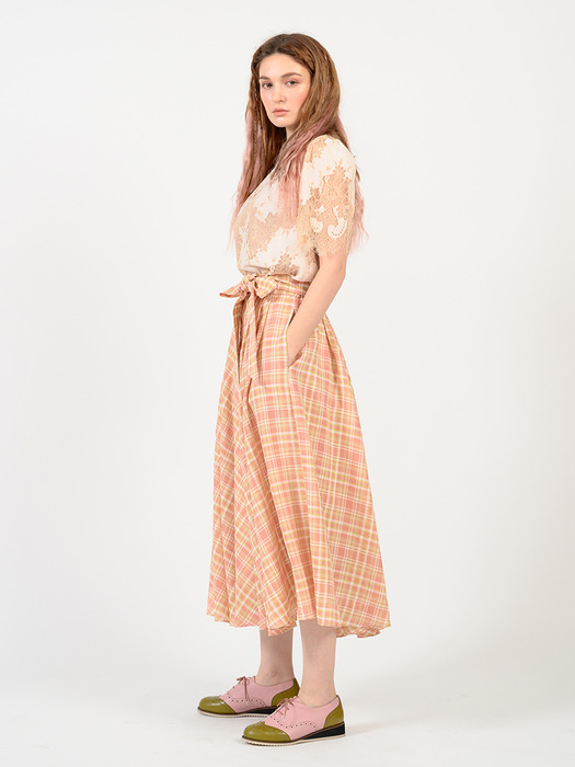 pink katiacho CHECK BUTTON FULL SKIRT CORAL PINK