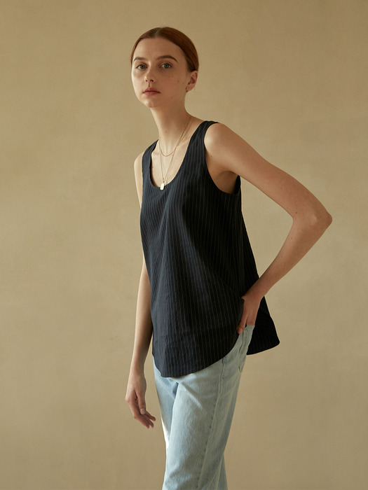 STRIPE LINEN SLEEVELESS NAVY 