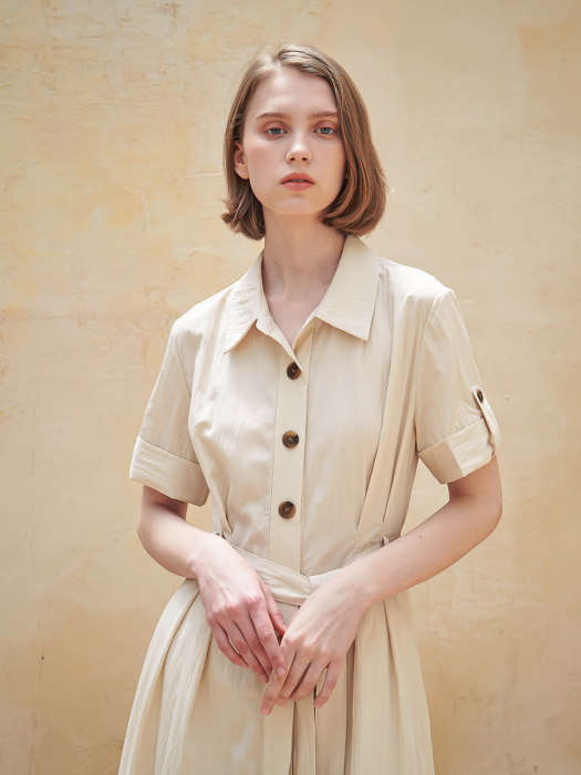 Belted Tailored Shirt One-Piece_Cream