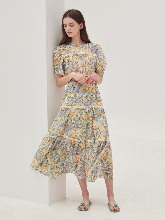 Flower print cancan dress_Cream yellow