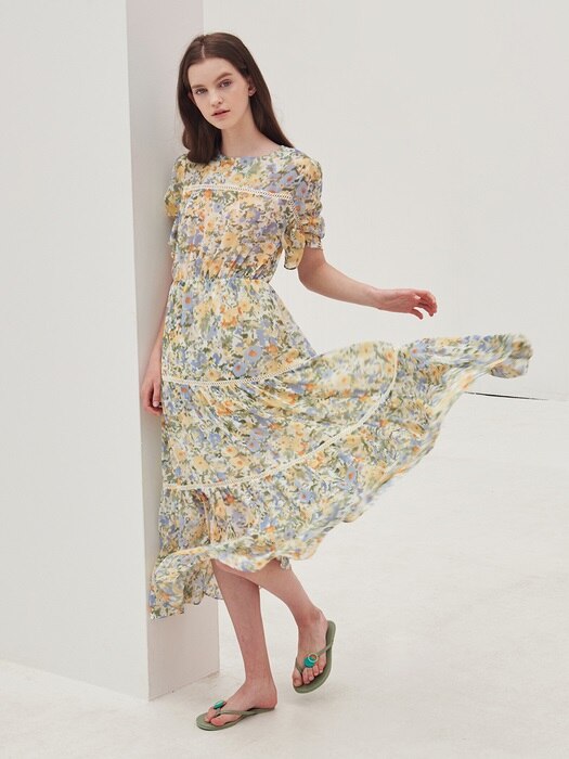 Flower print cancan dress_Cream yellow