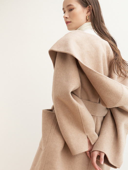 CAMEL HAIR  HOODED HALF COAT [HAND MADE] OATMEAL BEIGE