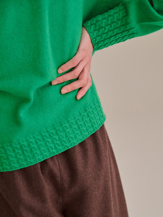 GREEN WHOLEGARMENT PURE CASHMERE CABLE DETAIL KNIT TOP