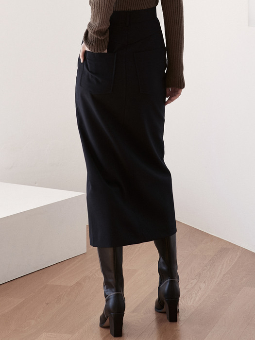ou502 front slit wool skirt (deep navy)