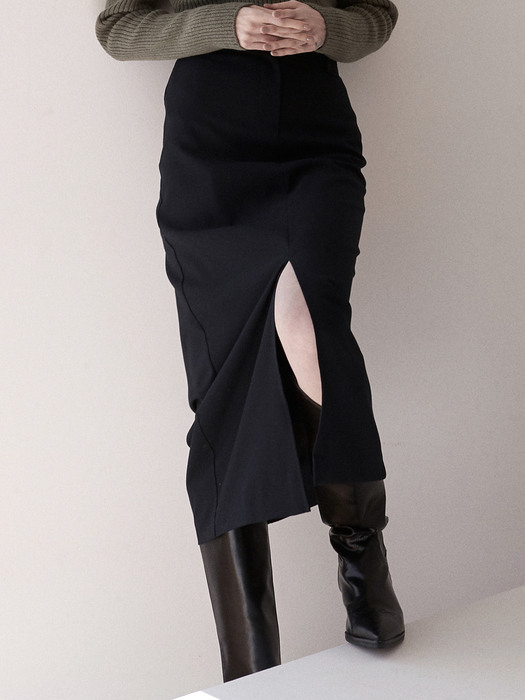 ou502 front slit wool skirt (deep navy)
