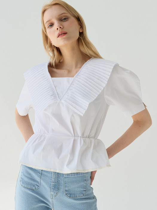 comos522  Pleated V-Neck Peplum Blouse (white)