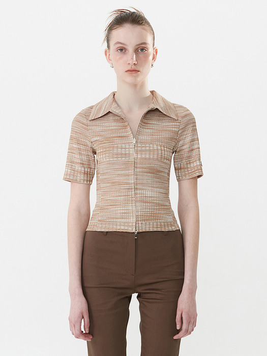 TWO WAY ZIP FITTED SHIRT, BEIGE