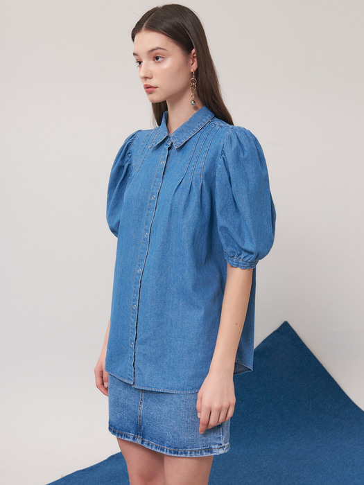 planet-114  Pin tuck puff sleeve denim blouse_blue 