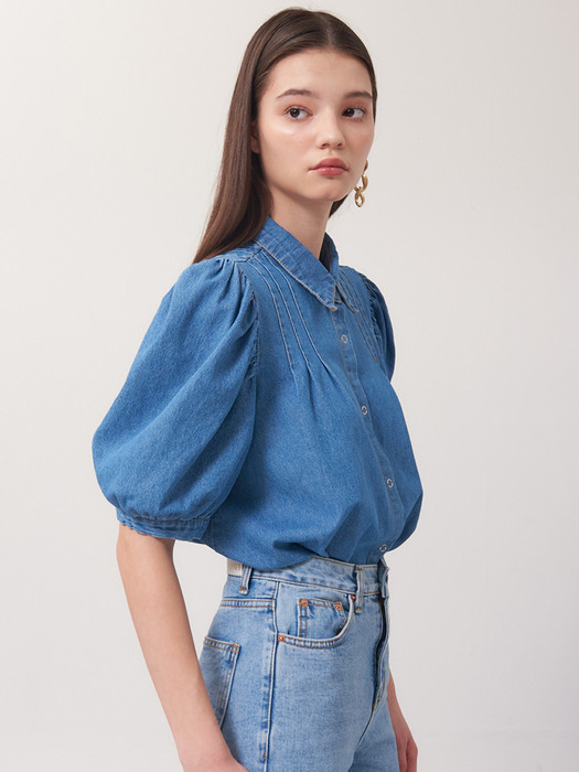 planet-114  Pin tuck puff sleeve denim blouse_blue 