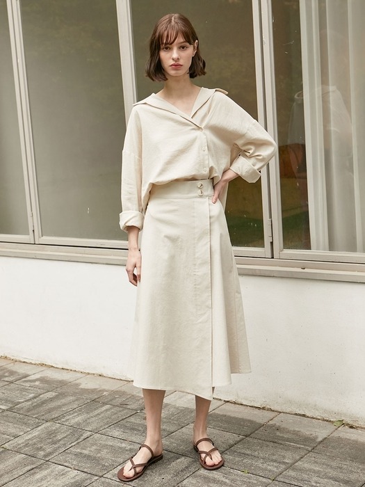 Linen Button Flare Skirt - Beige