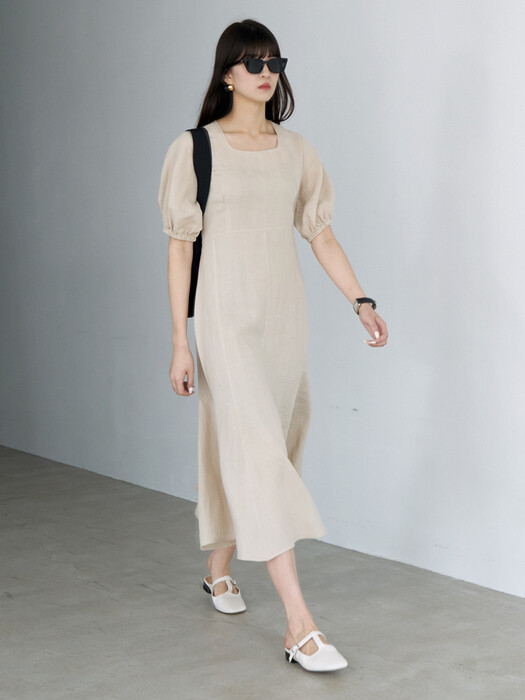 21 Summer_ Beige Linen Balloon Sleeve Dress