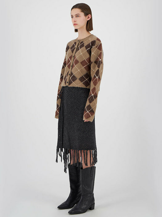[EXCLUSIVE]FRINGE WRAP KNIT SKIRT, CHARCOAL