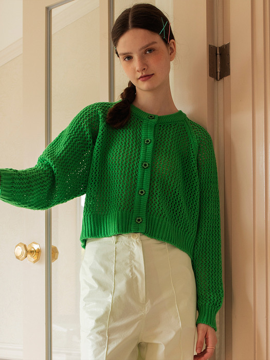 Flower Button Net Cardigan [GREEN]