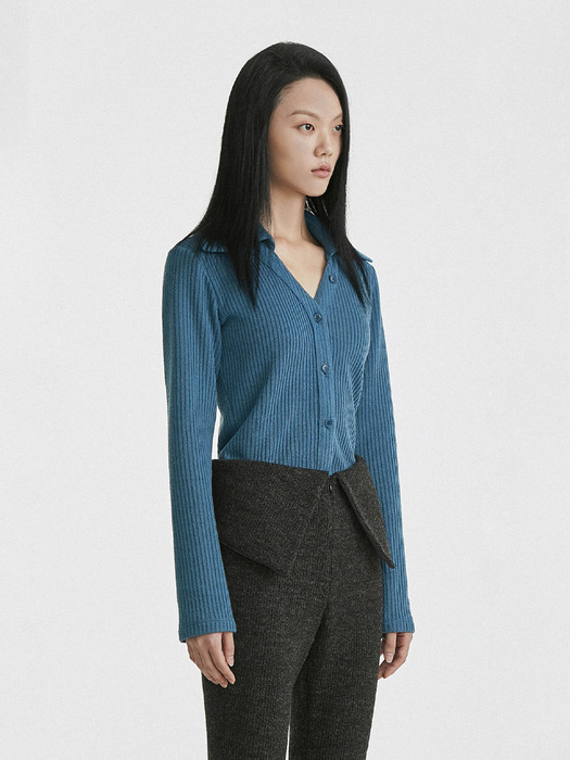21AW Wide Collar Long Sleeve Knit Shirt-Teal Blue