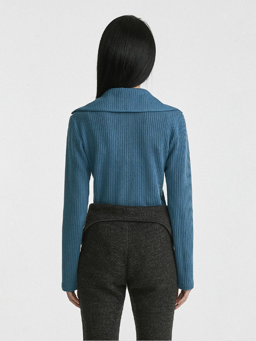 21AW Wide Collar Long Sleeve Knit Shirt-Teal Blue