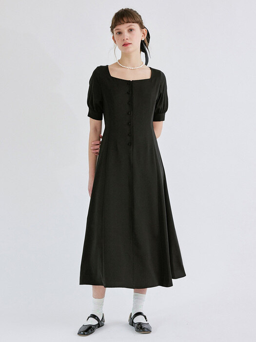 Button Square Neck Dress_BK