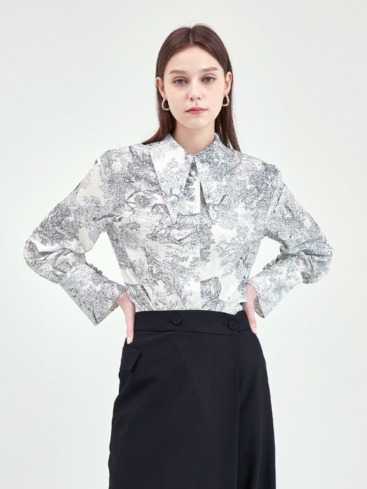 22SS POINTED COLLAR BLOUSE-BLACK PRINT