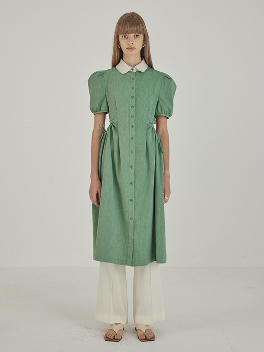 Side Open Puff-sleeve Dress_Green