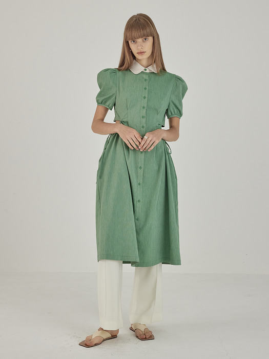 Side Open Puff-sleeve Dress_Green