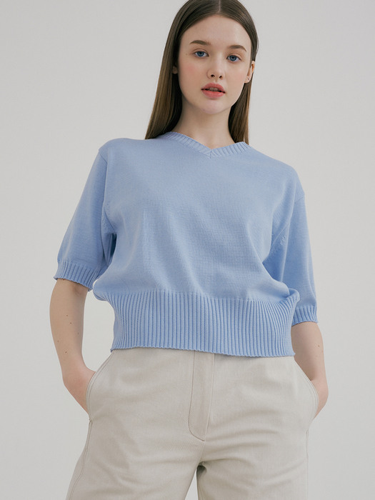 monts 1465 v-neck rib knit top (sky blue)