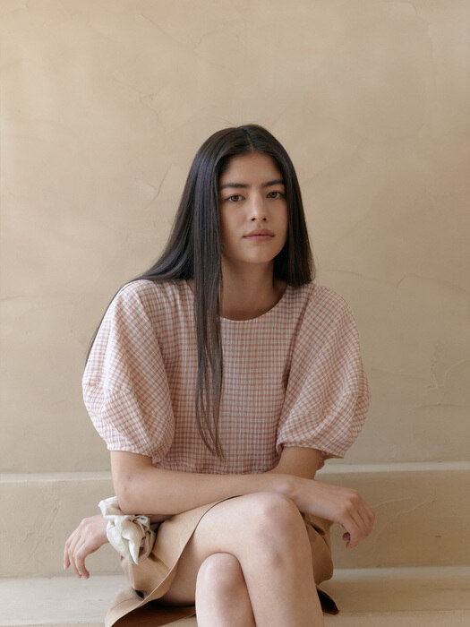 circle check blouse-babypink