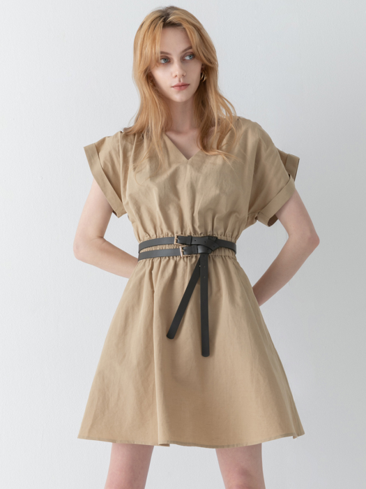 Shirring dolman sleeve mini dress [ oatmeal / beige ]