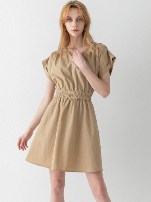 Shirring dolman sleeve mini dress [ oatmeal / beige ]