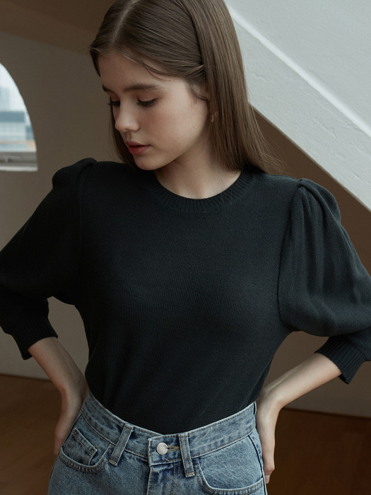 j794 cropped sleeve round knit (charcoal)