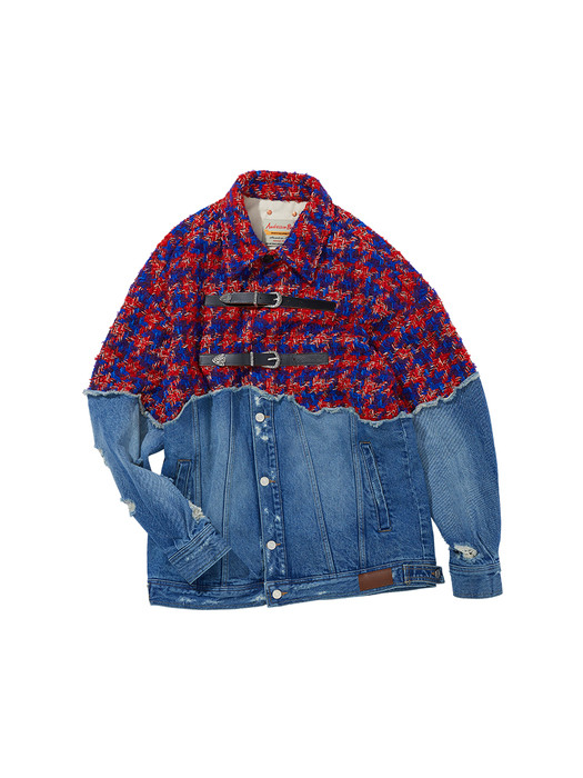 (WOMEN) COMELY TWEED COMBO DENIM JACKET awa493w(RED/BLUE)