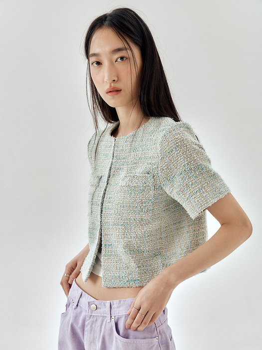 Collarless Tweed Cropped Jacket _2color