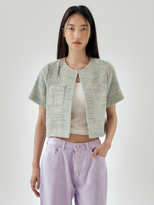 Collarless Tweed Cropped Jacket _2color