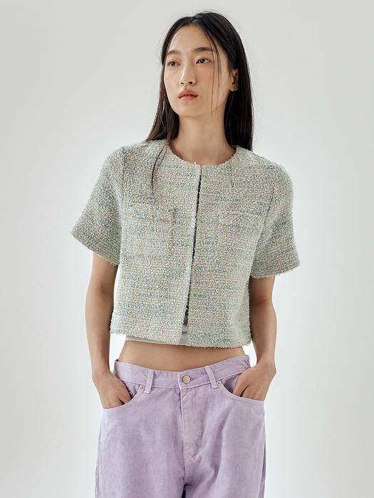 Collarless Tweed Cropped Jacket _2color