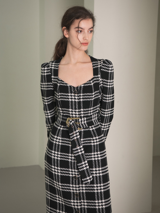 YY_square collar checkered dress