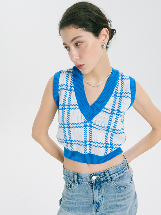 TARTAN CHECK KNIT VEST_BLUE