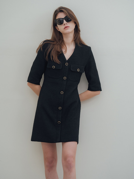 V-Neck Tweed Mini Dress_Black