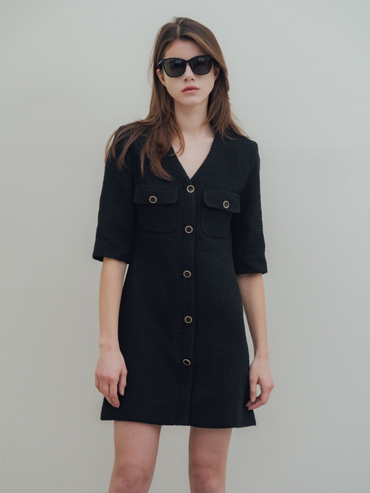 V-Neck Tweed Mini Dress_Black