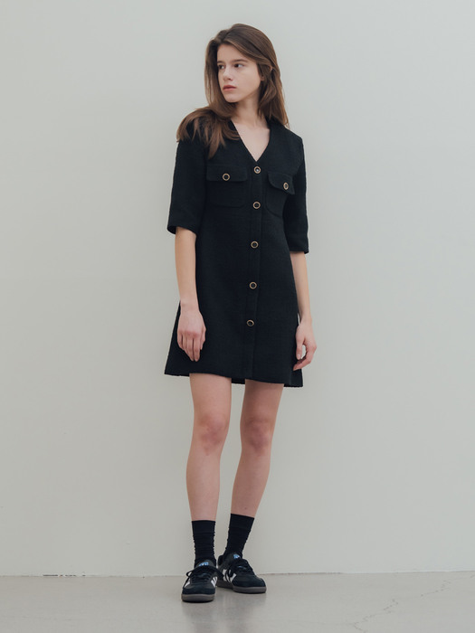 V-Neck Tweed Mini Dress_Black