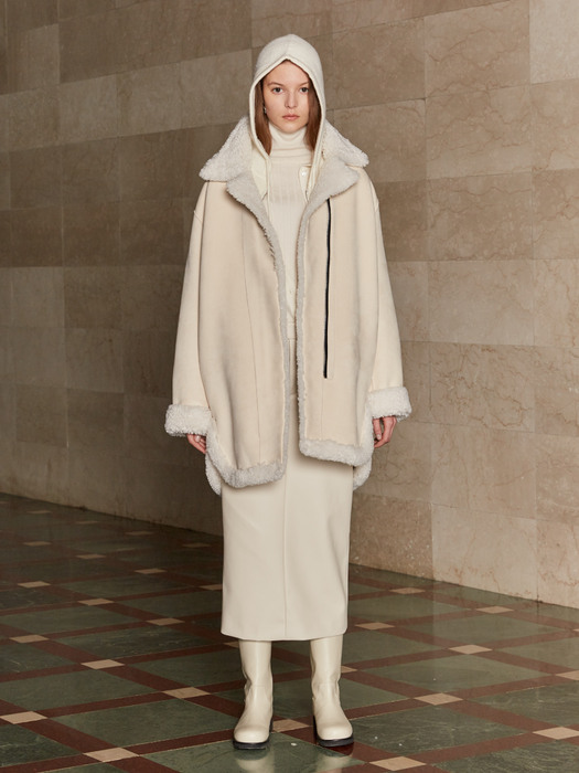 NU MOUTON Faux-Shearing Reversible MIDDLE Mustang Coat_Ecru Ivory