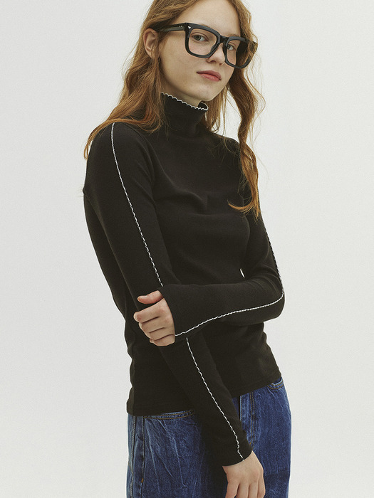 Picot Stitch Ribbed Turtleneck T-Shirt_Black