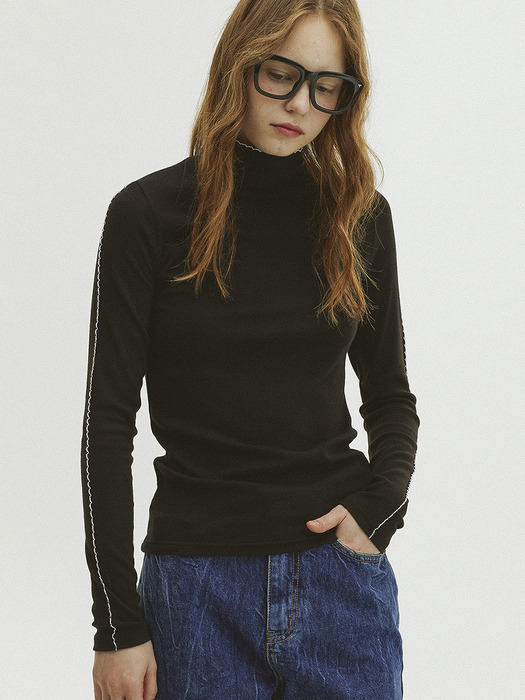 Picot Stitch Ribbed Turtleneck T-Shirt_Black