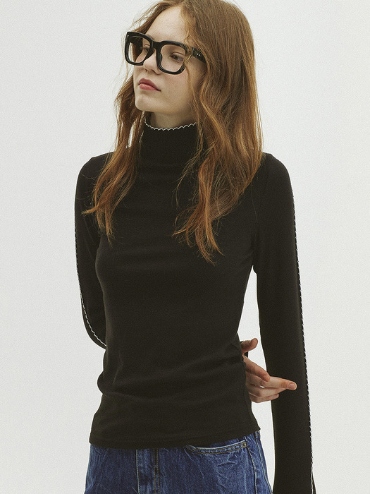 Picot Stitch Ribbed Turtleneck T-Shirt_Black