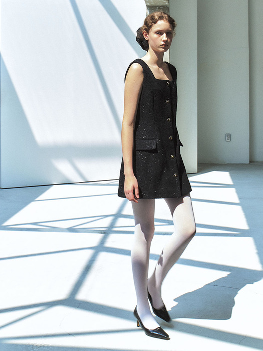 Holi twinkle tweed square vest black mini dress