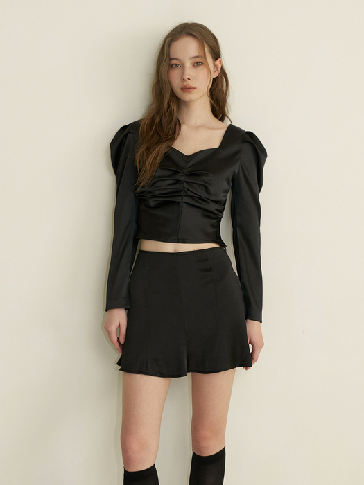 satin puff shirring blouse - black