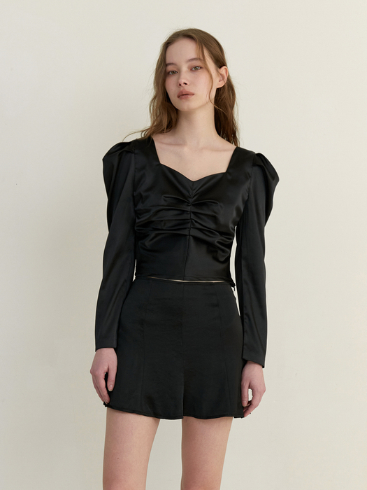 satin puff shirring blouse - black