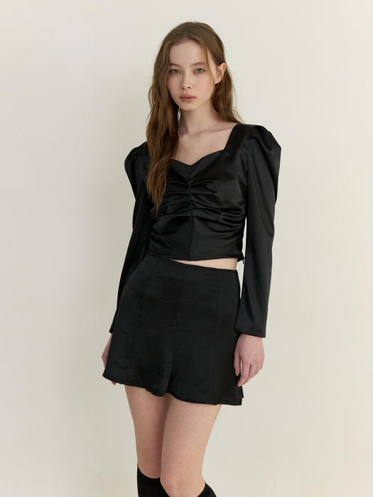 satin puff shirring blouse - black