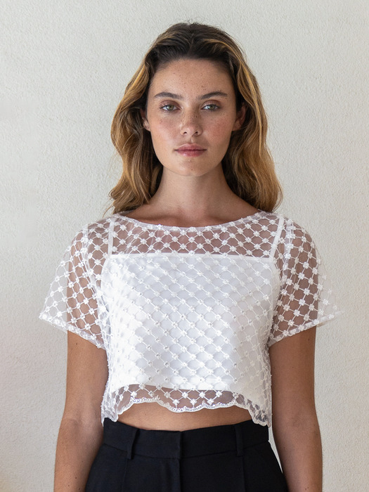 Victoria Bead-embellished Tulle Crop Top