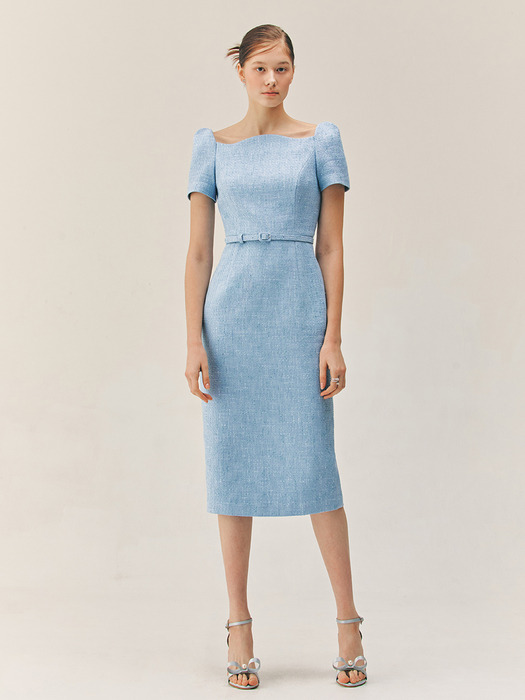 HAVEN Curved neck H-line tweed long dress (Blue)