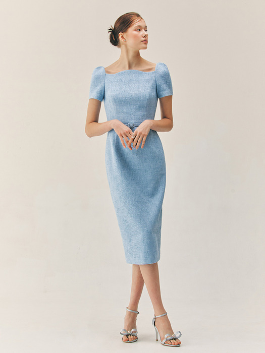 HAVEN Curved neck H-line tweed long dress (Blue)