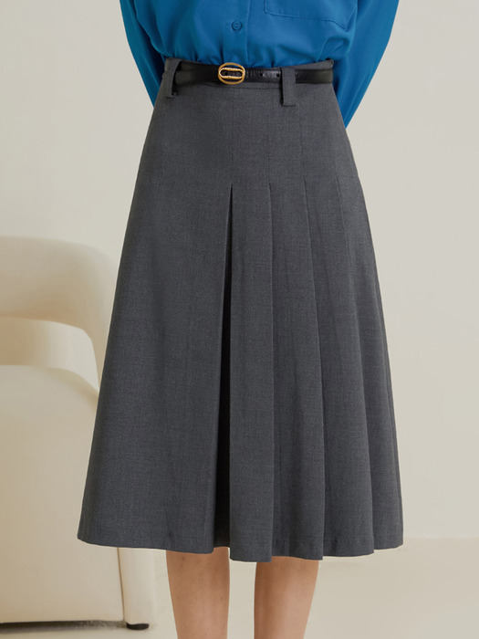 LS_Gray high waist pleated midi skirt