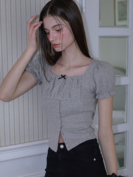 Puff Shirring Ribbon T-shirt [Gray]